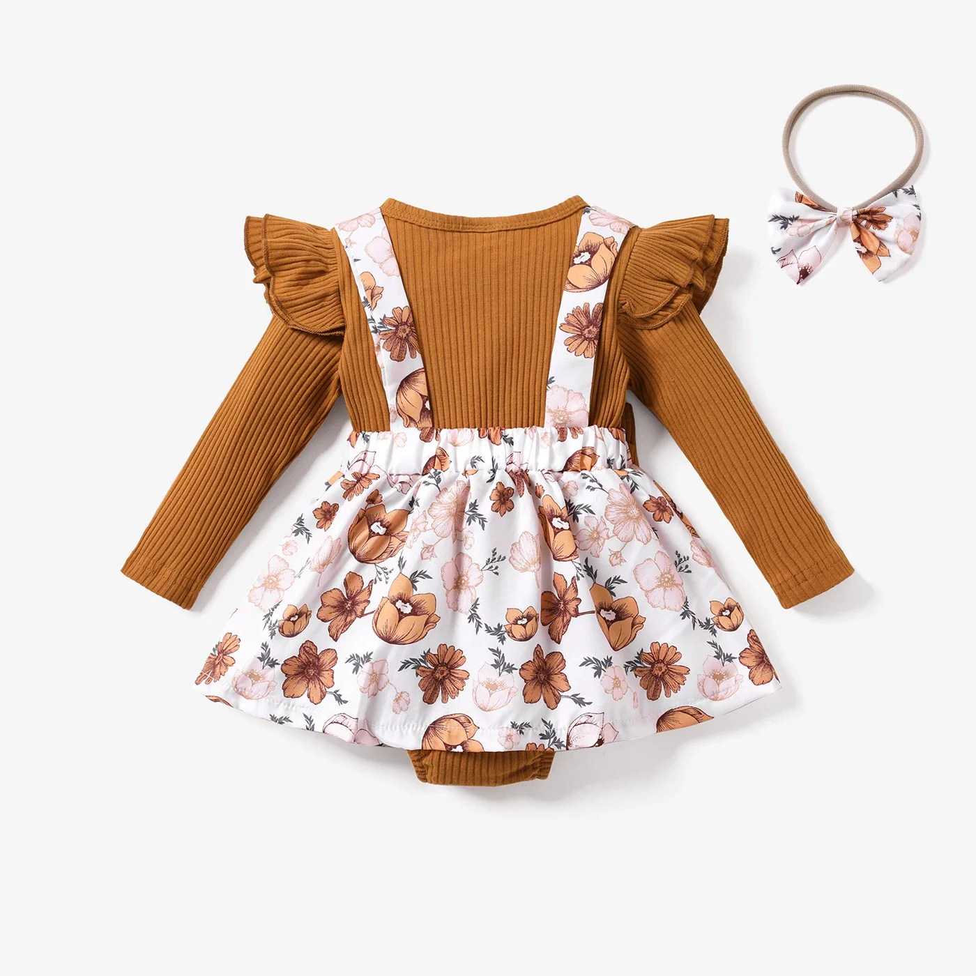 PatPat Ribbed 2pcs Floral Splicing Ruffle Long-sleeve Baby Romper Set Soft and Comfortable  Perfect for Outings and Daily Wear