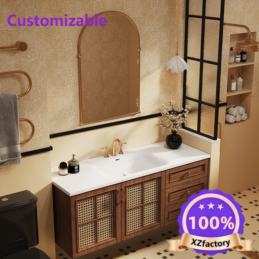 Factory Direct 2026 Top Rated Lavabo integrado estilo medieval, retro, tejido de ratán combinación, losa de r