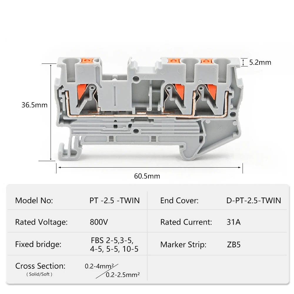 10Pcs PT 2.5-TWIN Dual Wire Terminal Block 2.5mm DIN Rail Reliable Electrical Spring Clamp Wiring