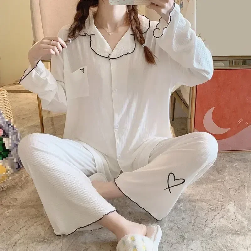 

PJS Pyjamas Home Shirt&pants Suit Casual Sleeve Lapel Women Sleepwear Spring Clothes Lingerie Long Set Nightwear 2Pcs Pijamas