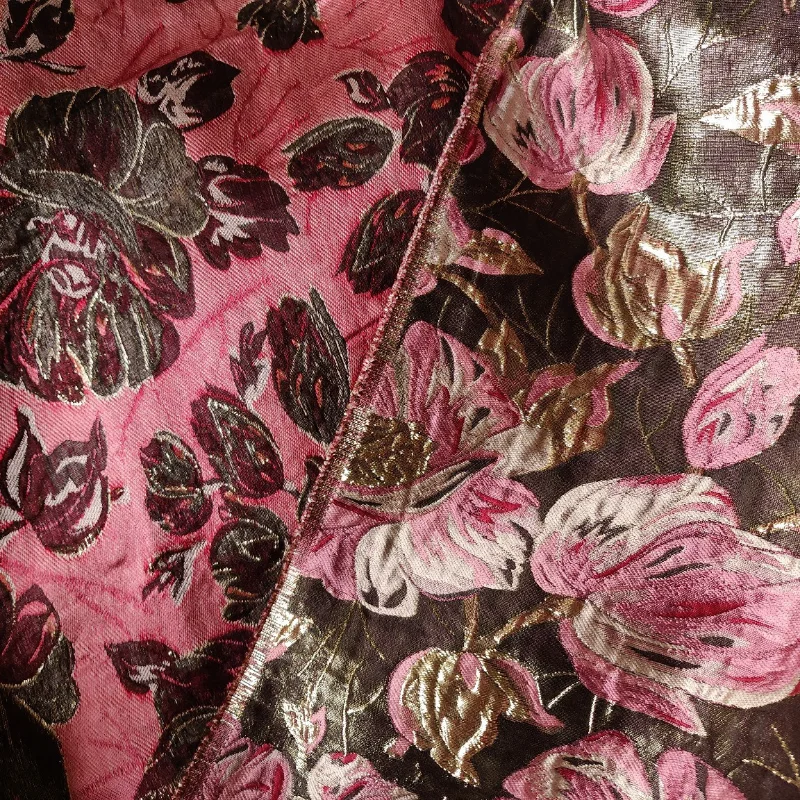 High Quality Gold Pink Flower Jacquard Fabric for Dress Making Wedding Decoration 145 cm Wide - Sold By The Meter