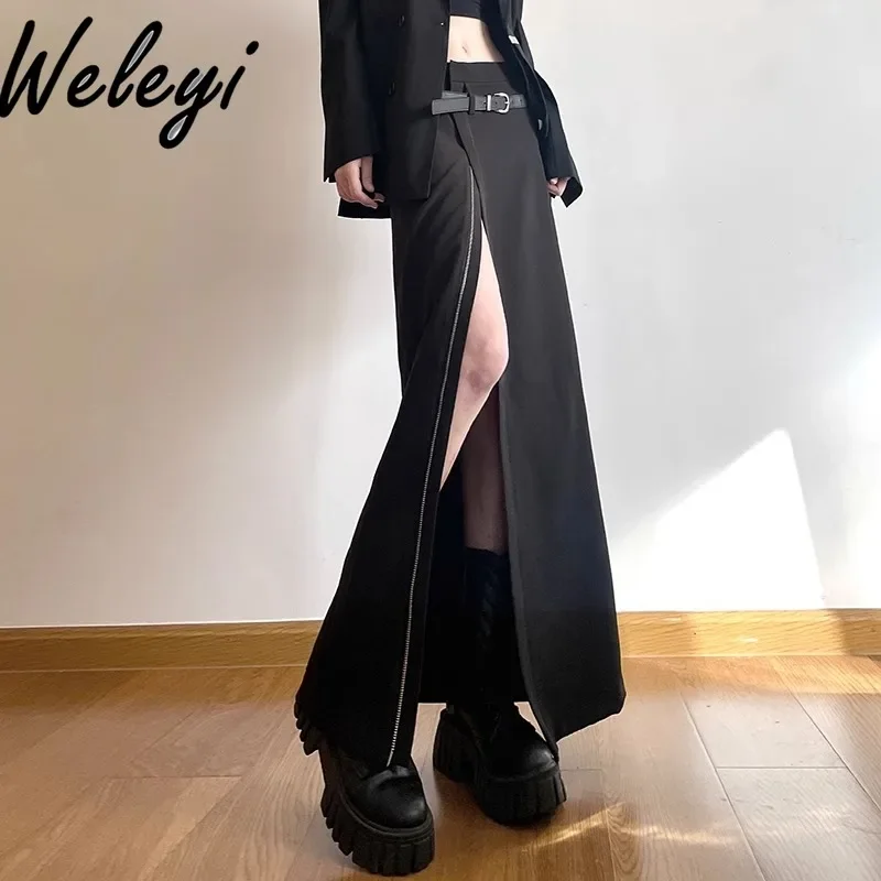 

Autumn and Winter Double Zipper Split Black Long Skirt Female 2024 New A-shaped High Waist Slimming Straight Skirts for Women