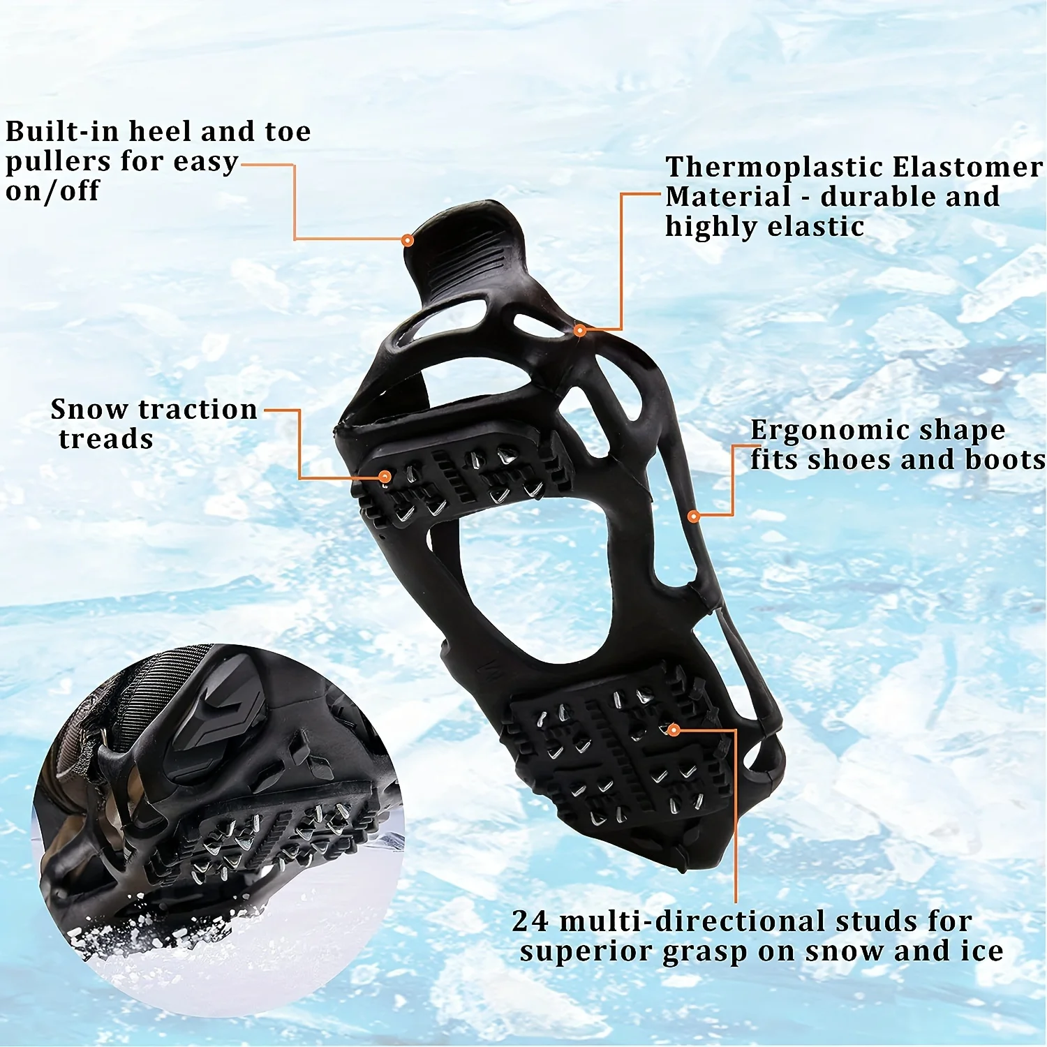 Snow Ice Cleats TEP Material Anti Slip Shoe Spikes for Winter Hiking Fishing Climbing