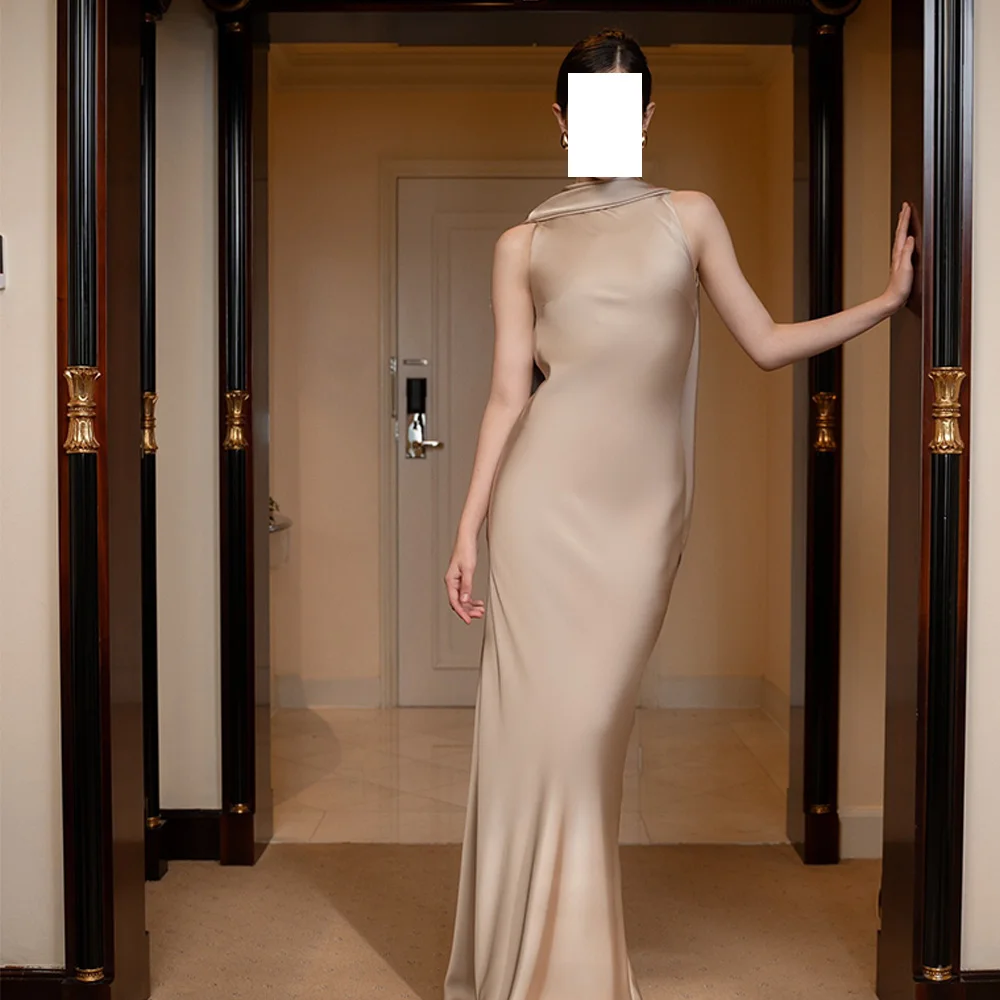 

Customized Fashion Satin Straight Cap Sleeve Evening Dresses Crew Neck Sleeveless Open Back Sweep Train Special Occasion Gowns