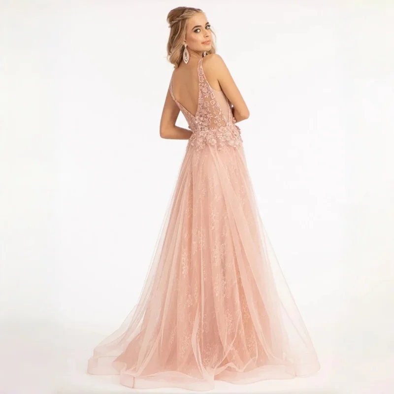 3D Flower Lace Bridesmaid A Line Dress Thin Lace Straps Plunging V Neck Multi Layer Tulle Sweep Train Evening Dress  Customizabl