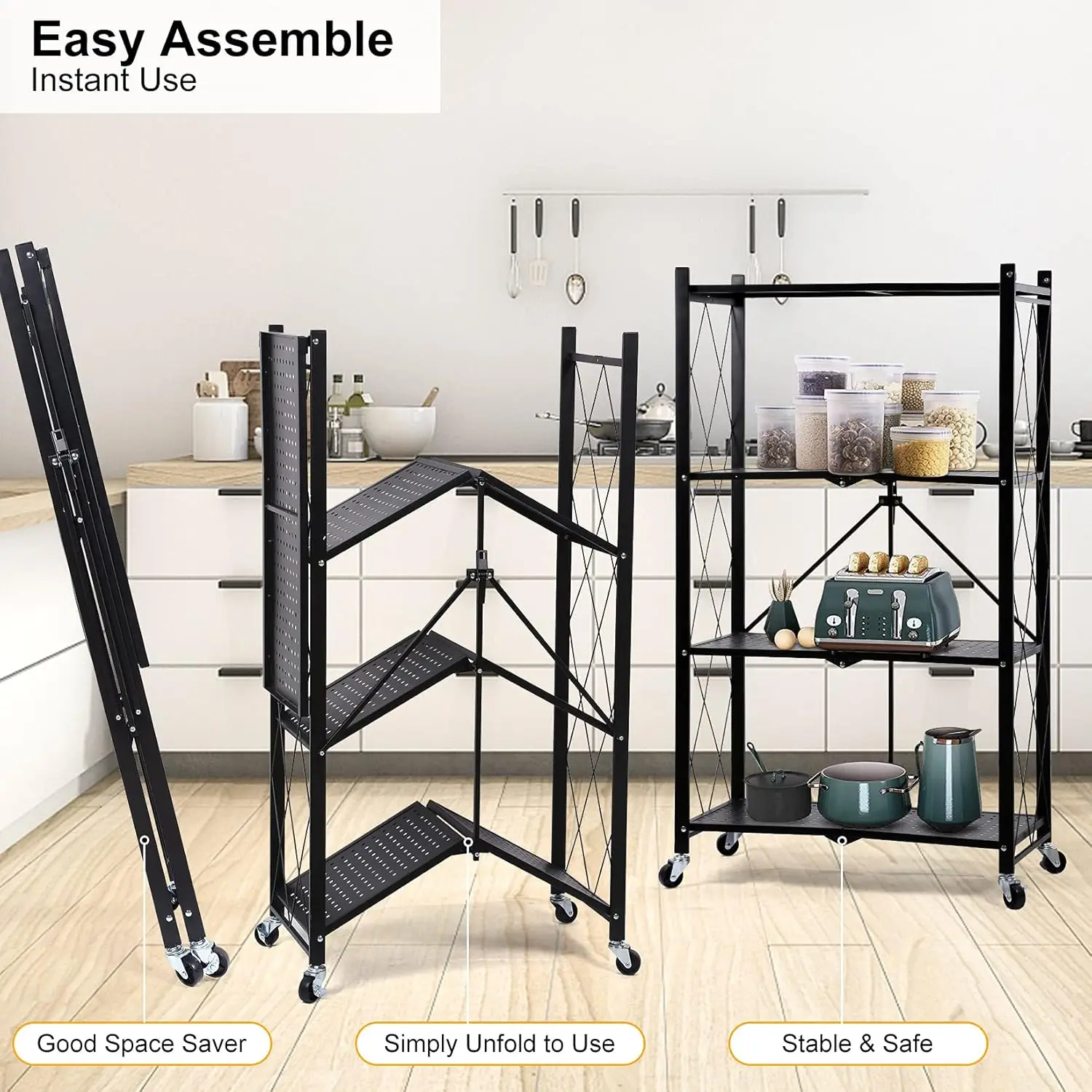 Heavy Duty Dobrável Metal Rack, Armazenamento Prateleiras Unidade com Rodas, Movendo-se facilmente Organizador Prateleiras, Grande