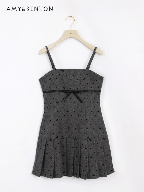 

Japanese Strap Bow High Waist Pleated Dress Commuting Versatile Sweet Polka Dot Print JSK Mini Dress Elegant Ladies Dresses