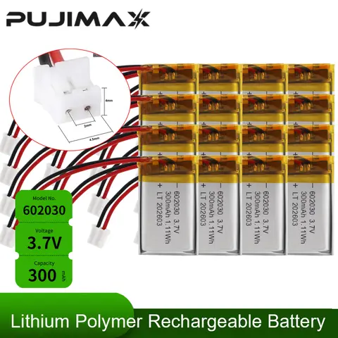PUJIMAX 602030 300mAh Lithium Rechargeable Battery 3.7V Li-ion Polymer Battery for Bluetooth Headset Speaker Monitor Self-Timer