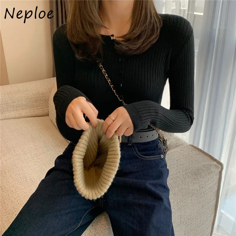 Neploe estilo coreano outono inverno nova camisola feminina o pescoço manga longa botão elasticidade jumper elegante fino tricô topos 2024