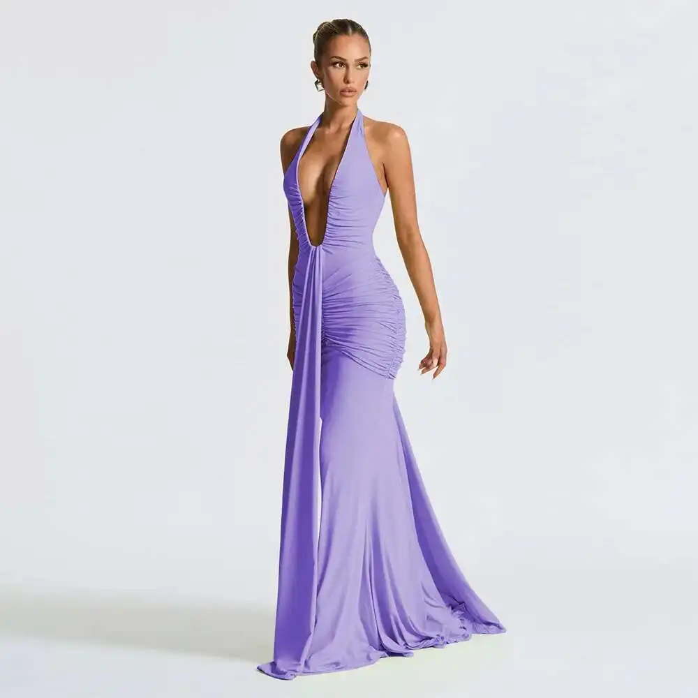 

Color New Pure Elegant Neck Hanging Deep v Waist Long Dress Sexy Backless Float Tail Dress Dress Robe Vestido Women Elegant