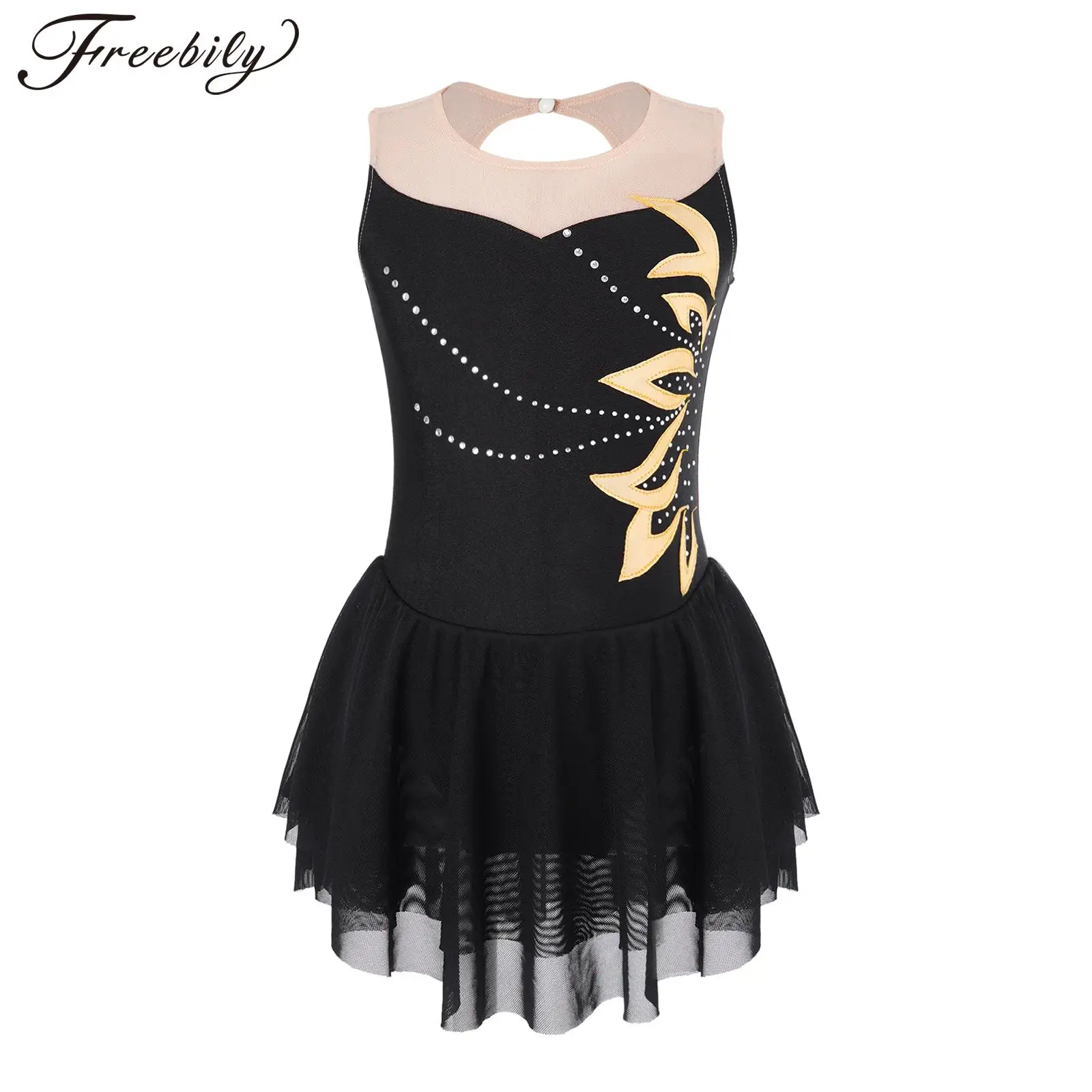 Kids Girls Figure Skating Dress Ballet Dance Rhythmic Gymnastic Costume Sleeveless Shiny Rhinestone Mesh Leotard Dress Dancewear