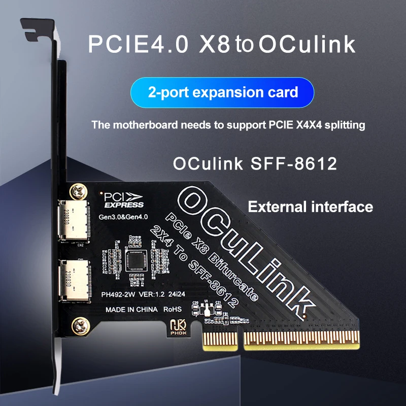 PCIe 4.0 X8 to Dual SFF-8611/8612 OCuLink Adapter 64Gbps Gen4 Aluminum Expansion Card for AI GPU Storage Servers
