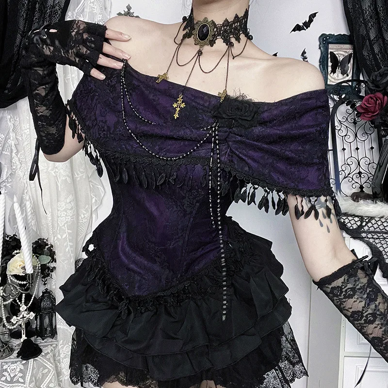 2026 Summer Women's Vintage Gothic Off Shoulder Lace Top Rose Embroidery Corset Style Blouse