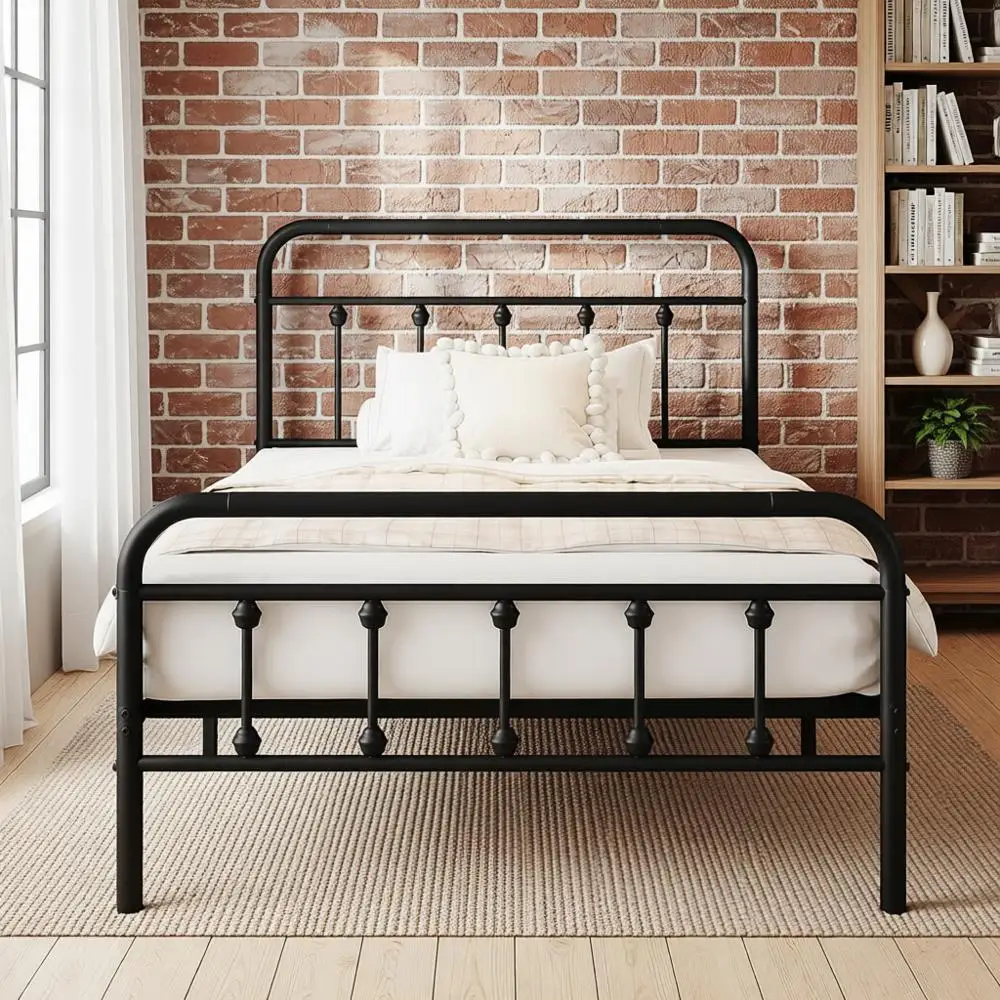 

Черная металлическая кровать-платформа с двумя ярусами и стальными ламелями, простая сборка, без пружинного блока, место для хранения под кроватью, бесшумная.