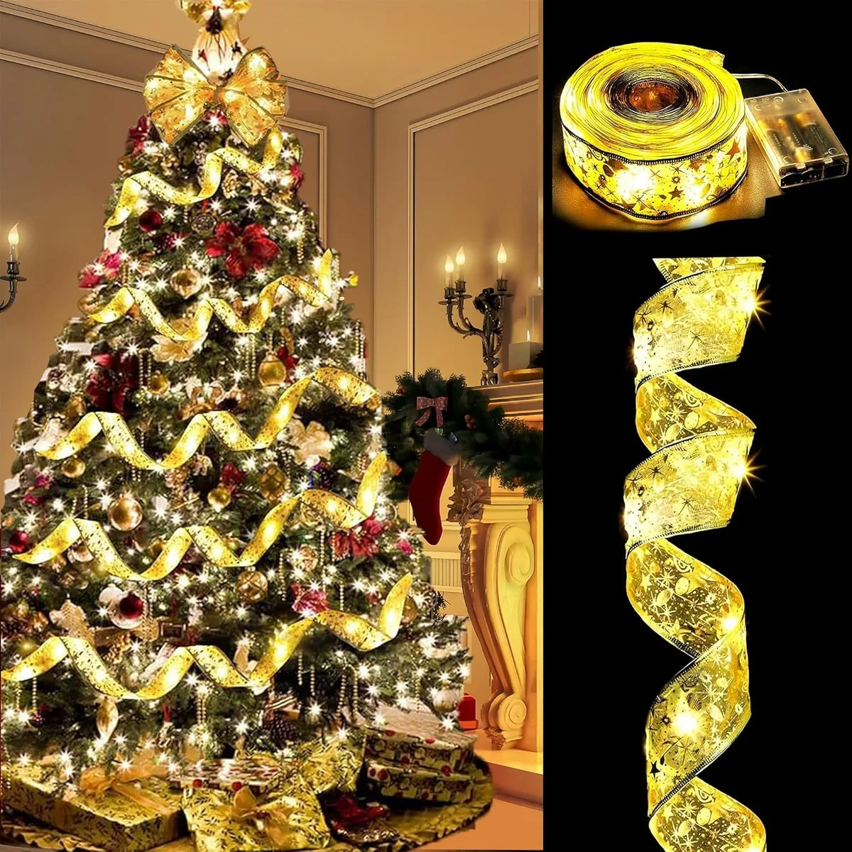 LED Christmas Tree Ribbon Light | 32ft 100LED Gold Sparkling Wave Design | Battery Powered, No Plug | Holiday Decorations