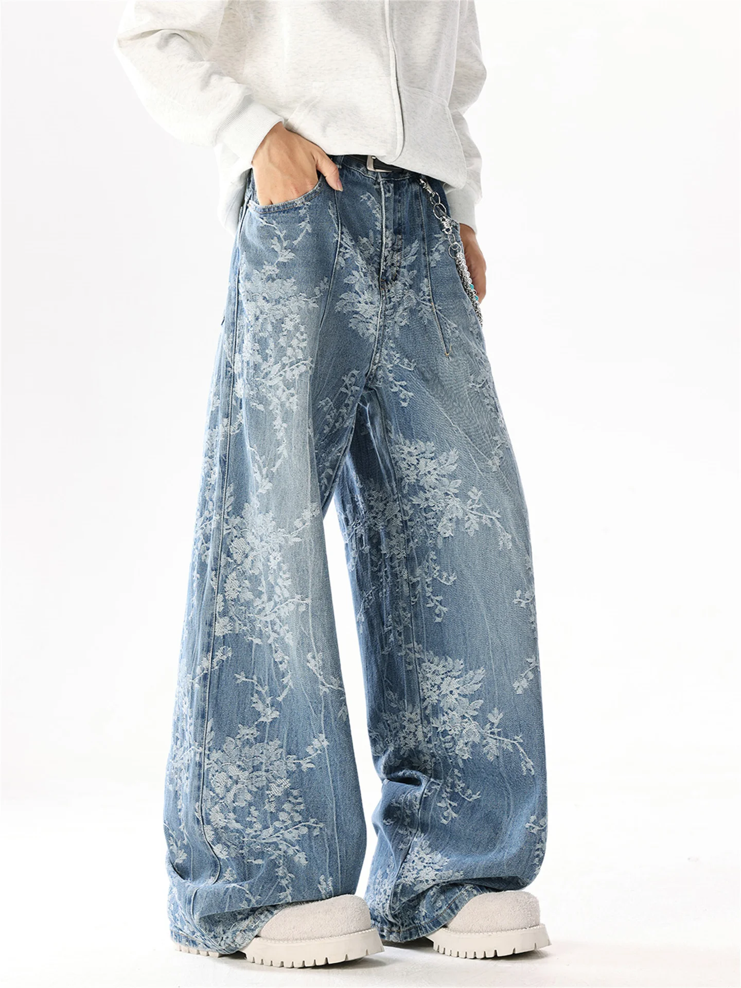 Women's Blue Baggy Y2k Jacquard Jeans Japanese 2000s Style Boyfriend Jean Pants Vintage Harajuku Oversize Denim Trousers Autumn