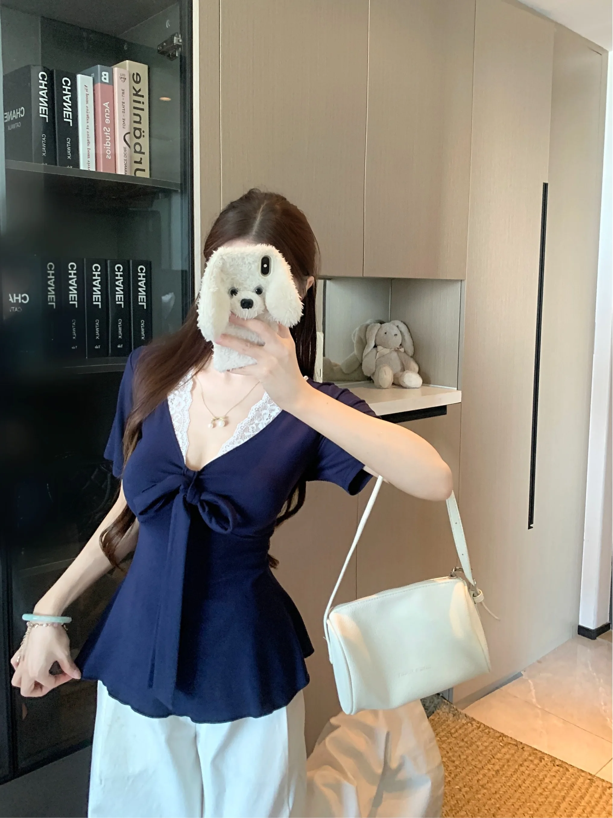

plus Size Women's T-Shirt V-Neck Short Sleeve Lace Splice Slimming Knot Summer Top Korean Style Commute Fashion