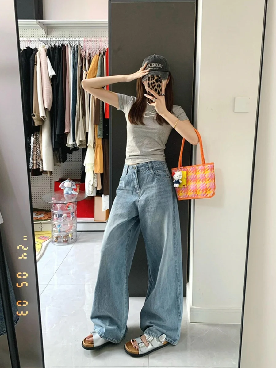 

Американские винтажные джинсовые джинсы с талией, женские летние 2024, тонкие прямые широкие брюки с высокой талией длиной до пола