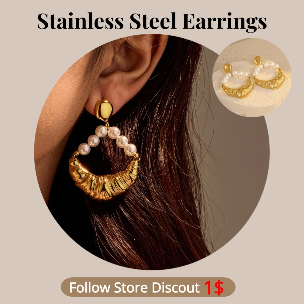 

Stainless Steel Horns Pearl Earrings Plated 18k Gold Color Non Tarnish Waterproof Trendy Jewelry Earrings For Women Gift