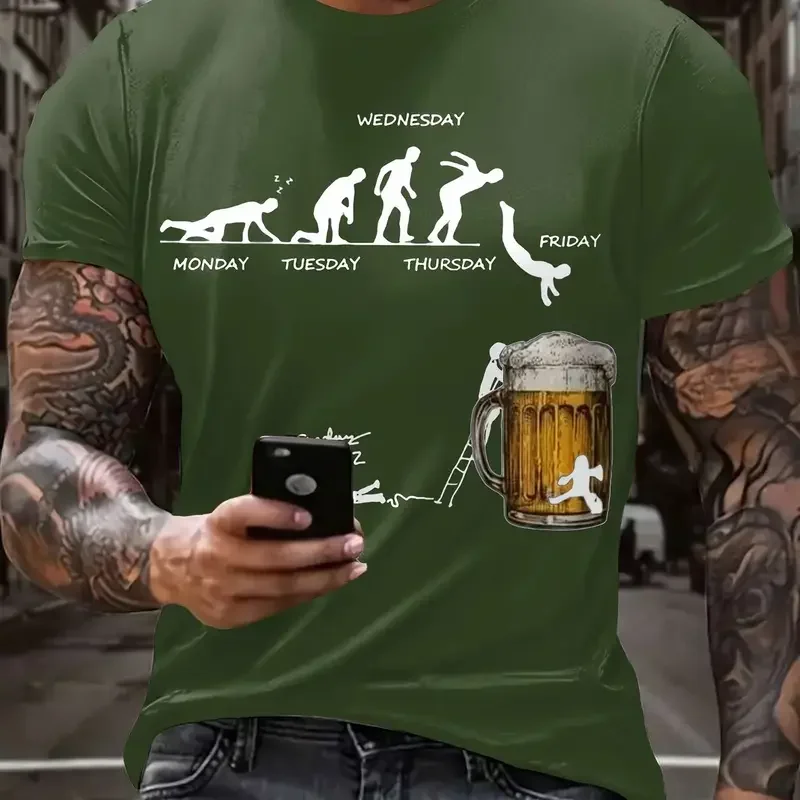 Funny Week Evolution Beer Graphic T-Shirt for Men Monday To Friday Humor Drinking Short Sleeve Tee Summer Casual Party Tops
