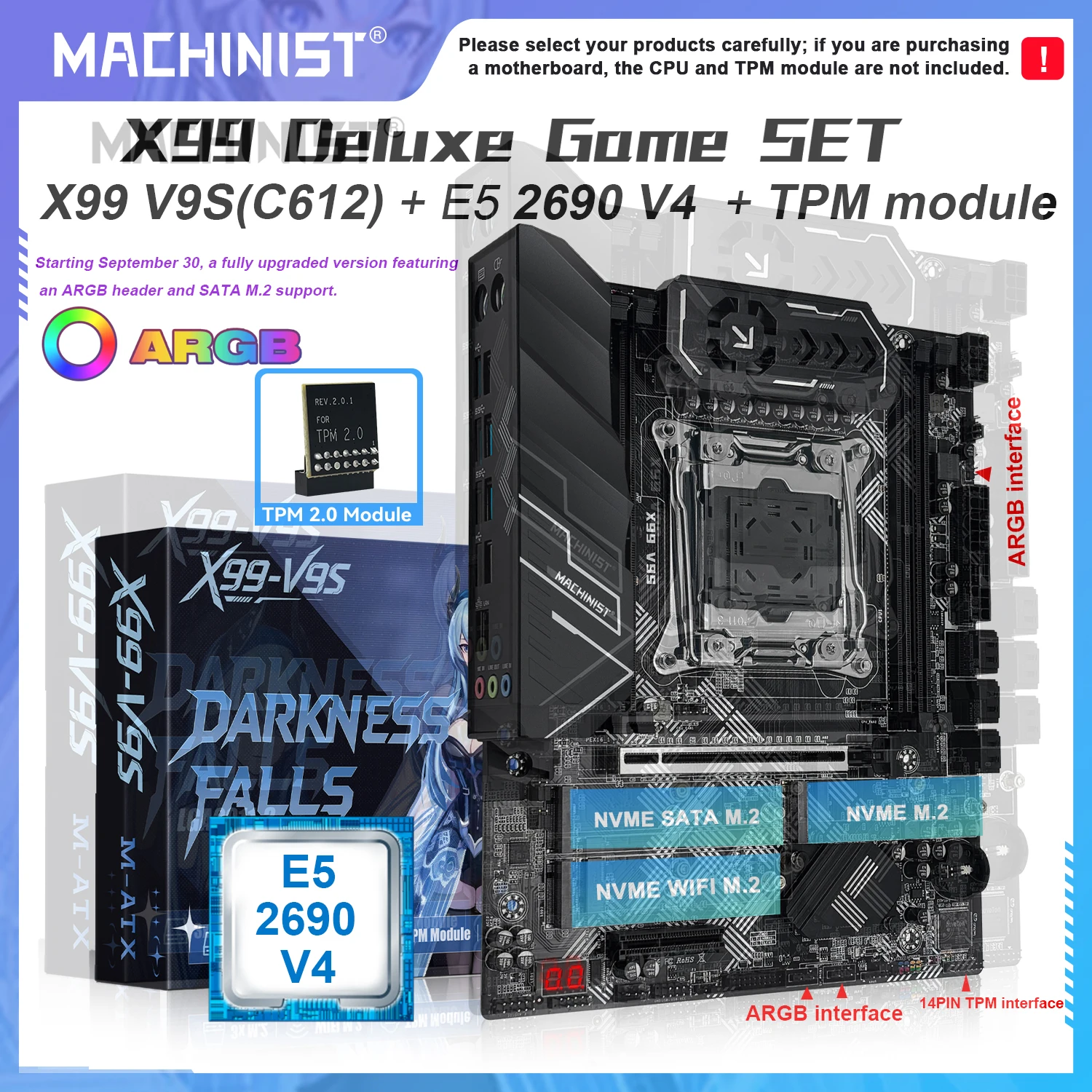 TPM2.0 MACHINIST X99 V9S Motherboard LGA 2011-3 Kit Xeon 2690 V4 CPU unterstützt DDR4 Vierkanal-RAM C612 Chip 3*NVME M.2 M-ATX