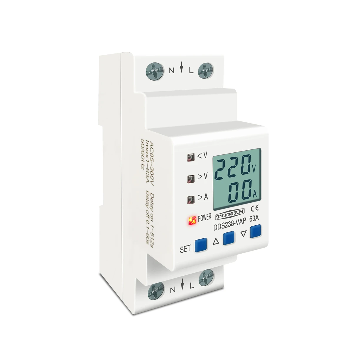 TOMZN 63A 80A 110V 230V Din rail adjustable over under voltage protective device current limit protection Voltmeter ammeter Kwh