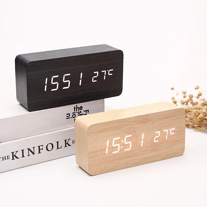 LED Student Alarm Clock Simple Wooden Clock Temperature Display Sound Control Clock Desktop Clock Home Decorative Ornaments
