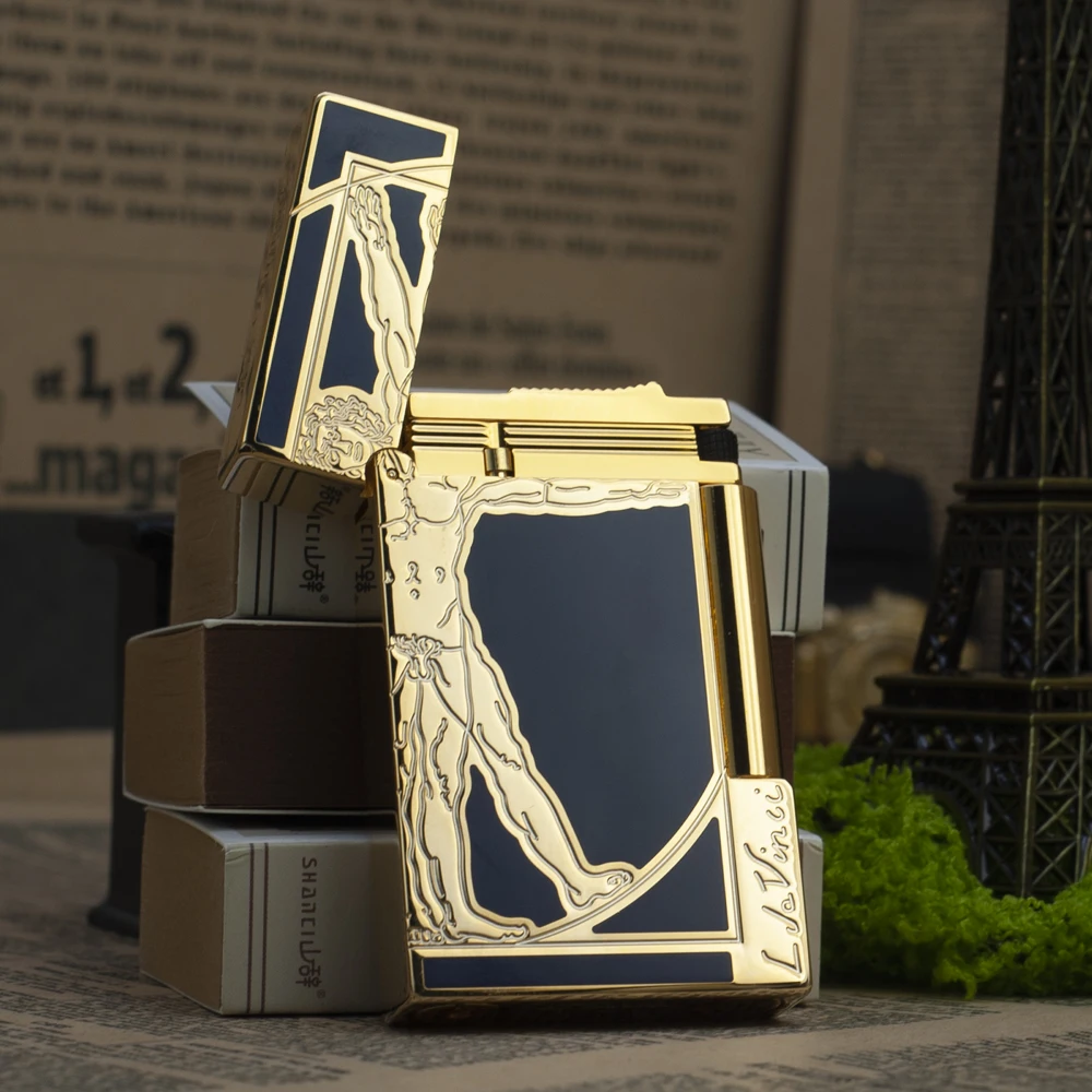 Luxury Da Vinci Vitruvian Man Engraved Line 2 Gas Lighter, Metal