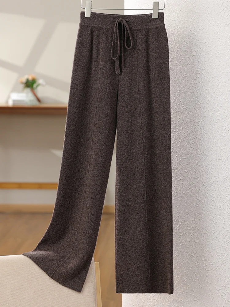 New Arrival Women High Waist Wide Leg Pants For Autumn Winter Thick Warm Solid Basic Casual Trousers 100% Merino Wool Knitwear