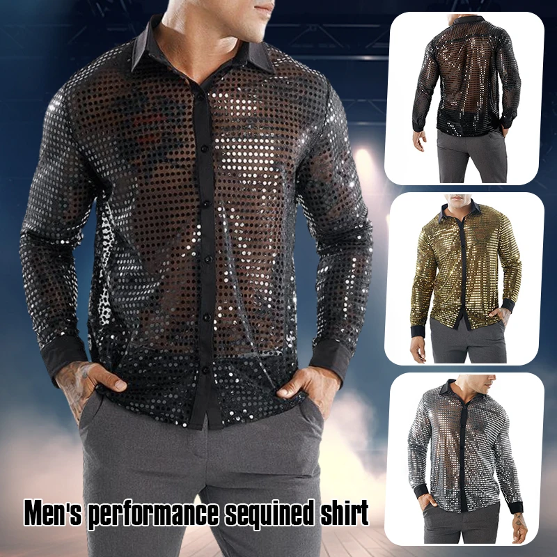 Men Club Shirt Vintage 70s Disco Party Halloween Costume Men's Club Shirt Reflective Shiny Sequins Stage Performance Shirts