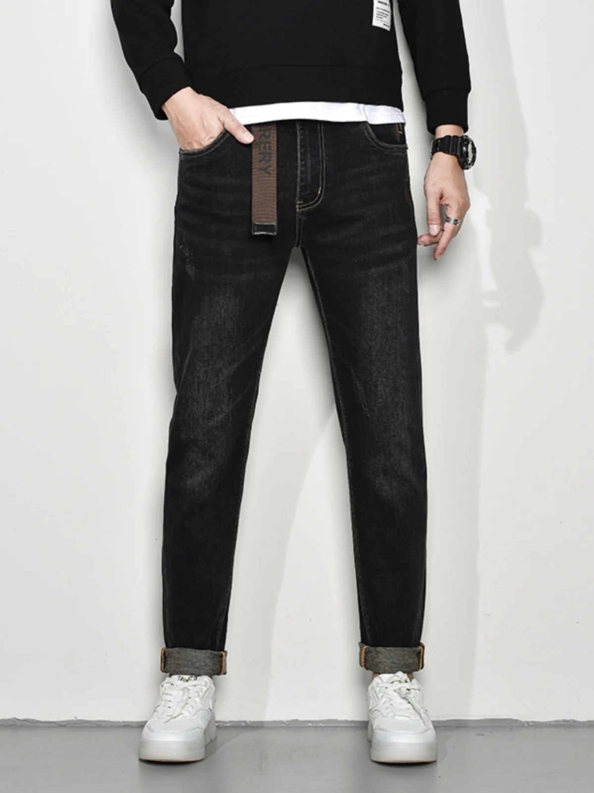 

Высококачественные мужские джинсы Slim Fit с эластичным поясом, повседневные длинные брюки из хлопка стрейч-деним для весны и осени, молодежный тренд