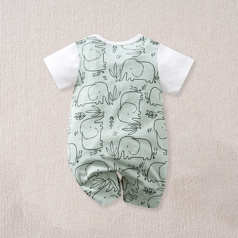 Newborn Baby Boy And Girls Summer Minimalist Elephant Print Fake Suspender Romper Stretch Breathable Daily Photo Outfit 0‑18M