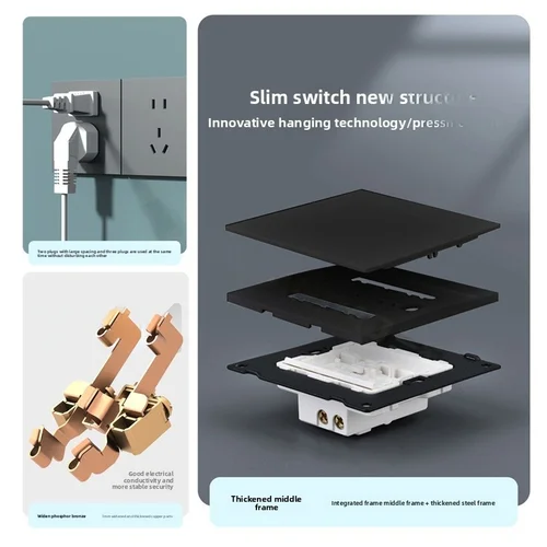 Imagen 2 del producto Panel negro táctil ultrafino mate, interruptor de tablero grande de 5,8mm, componente de cobre grande tipo 86, adecuado para decoración sencilla del hogar