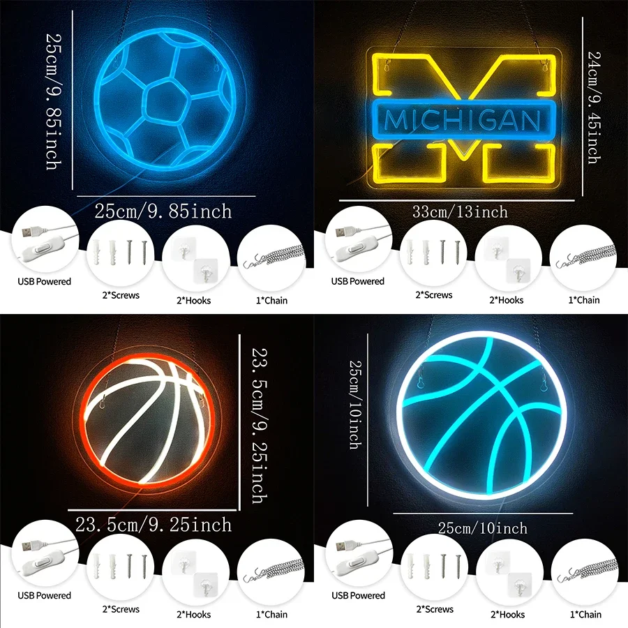 Used For Sports Rooms, Game Rooms, University Clubs, Man Caves Decor，Sports Series Neon Signs, Basketball And Football Icons,