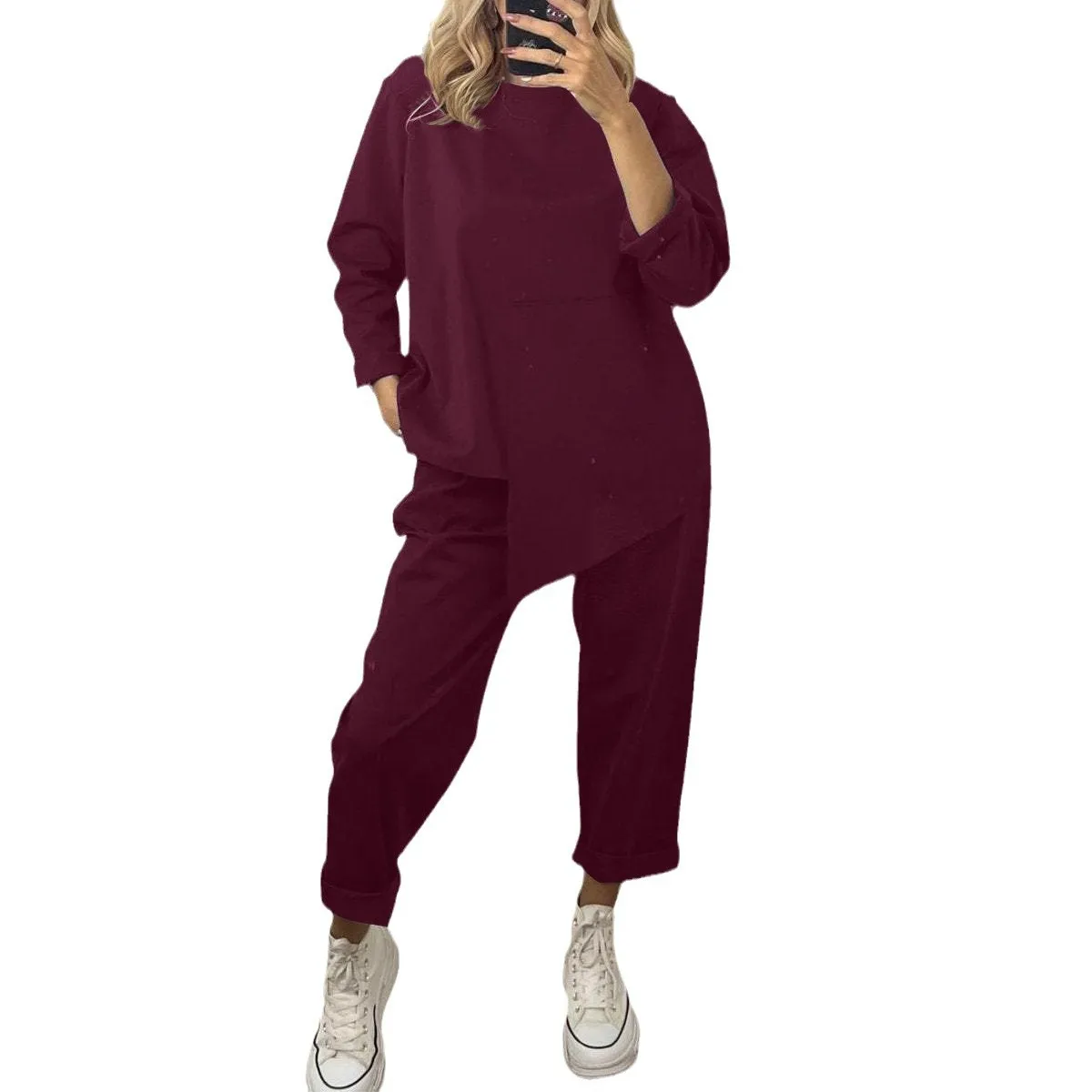 Fall Winter Solid Pullover Tops Two Piece Set Leisure Women O Neck Tops Long Pants Tracksuit Retro Loose Sport Suit Pant Sets