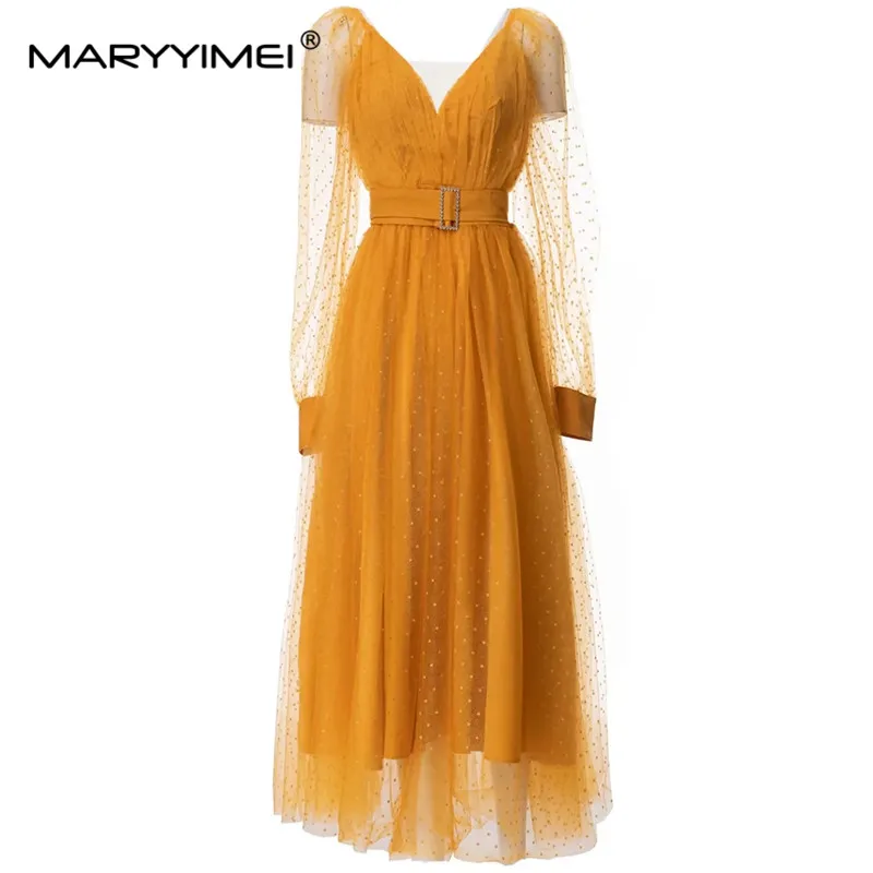 

MARYYIMEI New Fashion Runway Designer Women's V-Neck Lantern Sleeve Gauze Nail Beads Belt Sweet Girly Style Closed Waist Dress