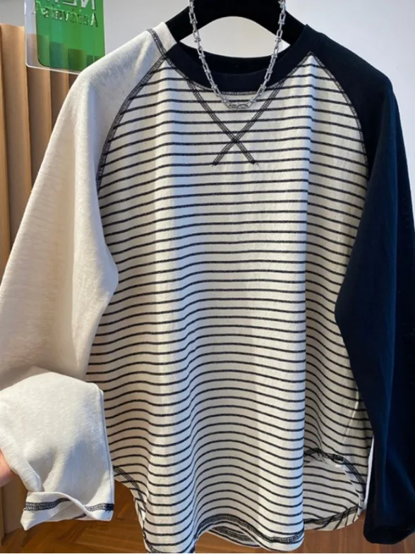 2026年春 レディース ベーシック ストライプ Tシャツ ラウンドネック ロングスリーブ 韓国風 カジュアルウェア ルーズフィット トップス 高品質衣料