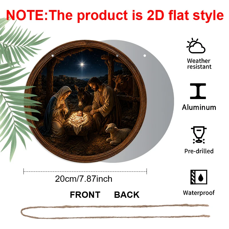 2D Flat, 1pc Round Aluminum Hanging Sign, Christmas Nativity Holy Family Manger Scene Donkey Cow Lamb Star Of Bethlehem Metal