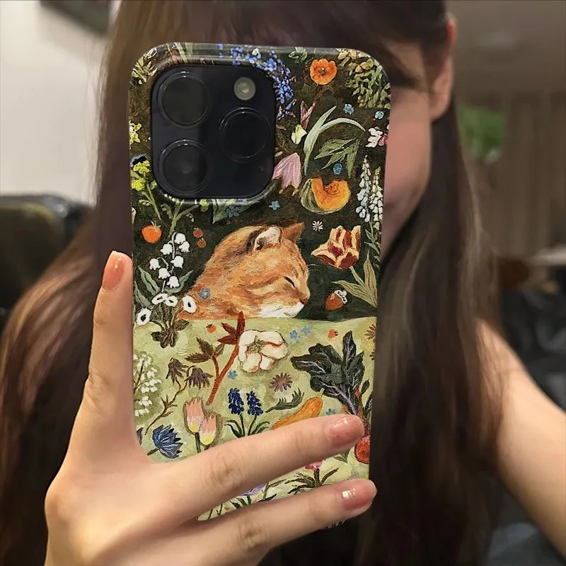 Vintage INS Oil Painting Sleepy Cat & Flowers Cute Animals Artistic Phone Case for iPhone17 16 15 14 11 12 13 Pro Max Plus Cover
