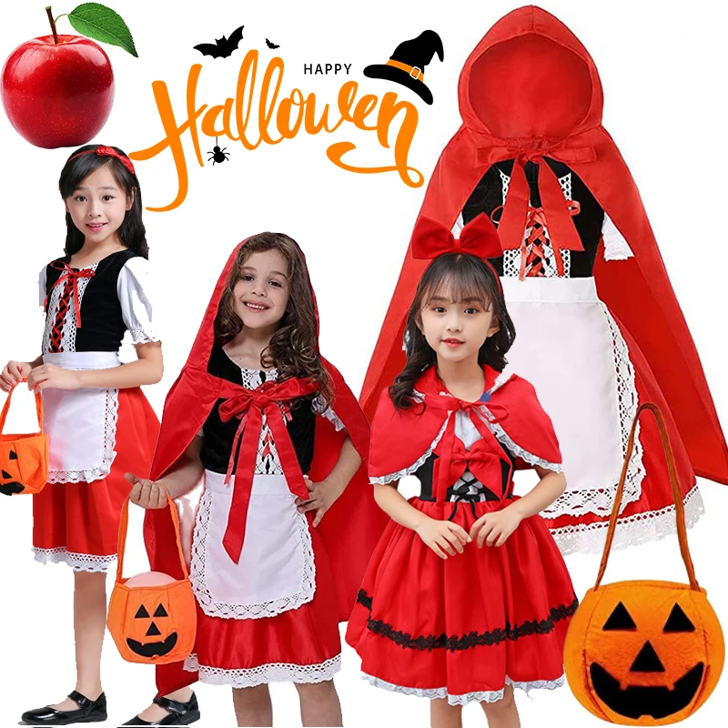 Girls Red Hood Cosplay Dress Kids Halloween Party Costume with Cloak Cape Headband for Carnival Holiday Birthday Themed Activity