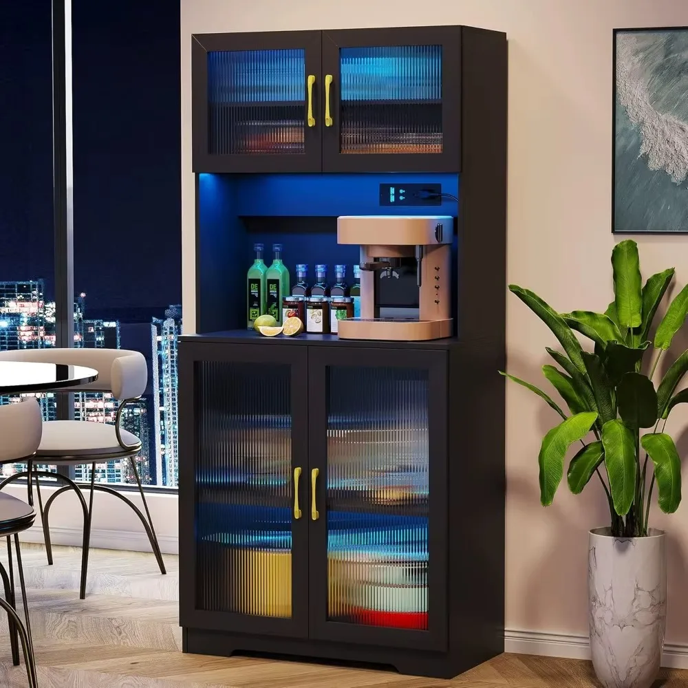 

67" LED Storage Cabinet with Charging Station, Sockets & USB Ports, Kitchen Pantry Cabinet, Hutch Cabinet for Dinning Roo