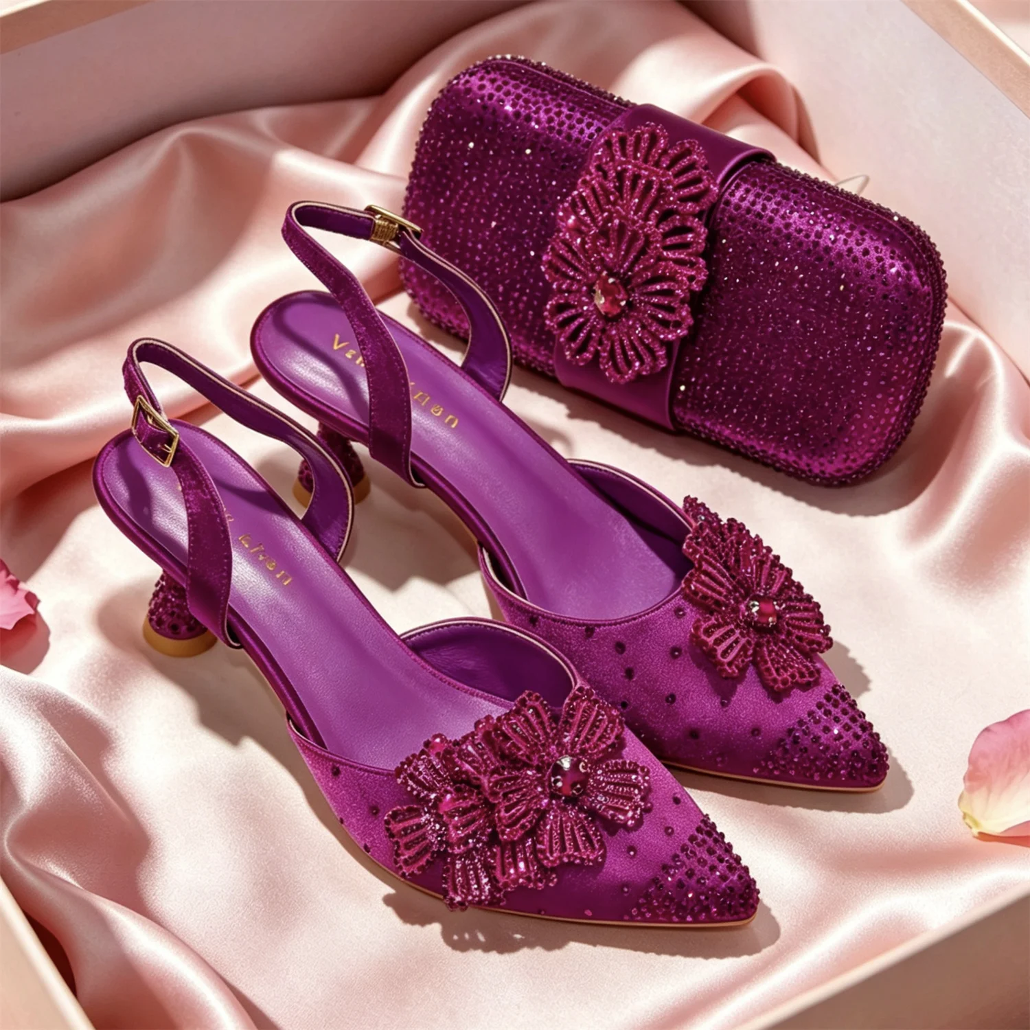 Shiny Fuchsia Color Shoes and Bag Elegant Handbags and Medium Heel Shoes Beautiful Handmade Shoes for Wedding Part