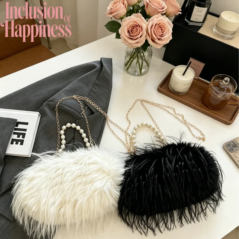 

Fluffy Handbag With Pearl Handle Tassel Fashion Shoulder Bag Fashionable Style Chain Crossbody Bag Elegant High-end Bag