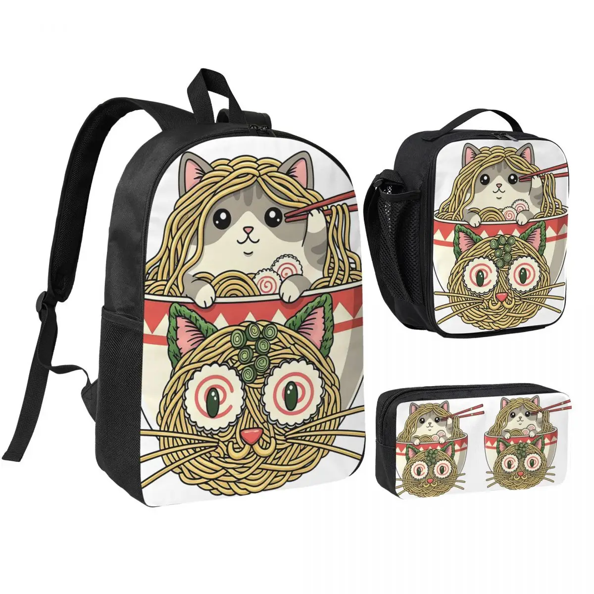 Cute Cat Eat Lamian Noodles Ramen Backpack Boys Girls BookBag School Bag Shoulder Bags 3ps Insulated Lunch Bag Pencil Case
