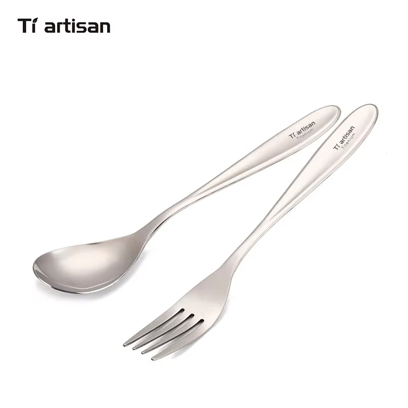 Tiartisan Titanium Ultra-light Durable Portable Sandblasting Fork Polished Spoon Cutlery Tableware Set for Camping Backpacking