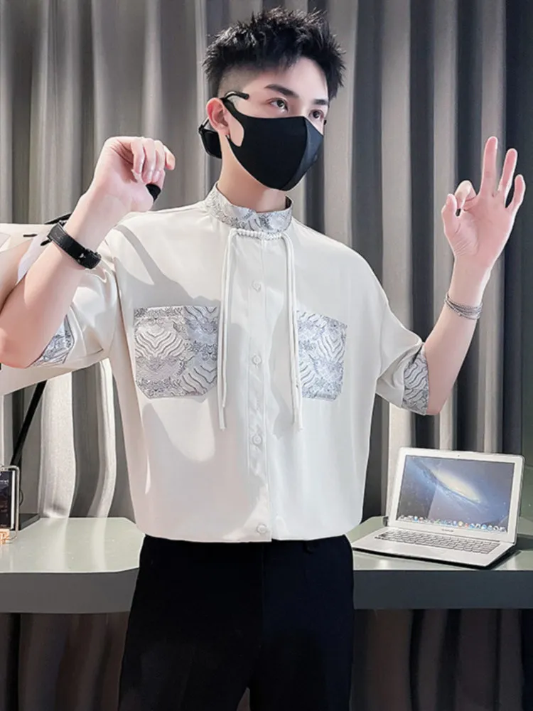 

Casual Ice Silk ort Sve irt Men's Sli Summer Trend Brand New Chinese Sle Breathable Thin Stand Fit Pure Color