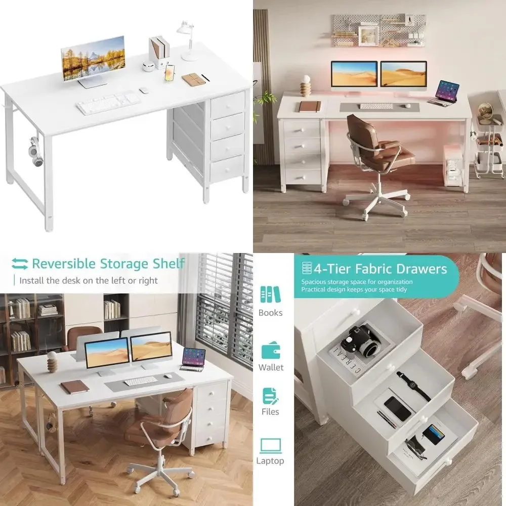 

55 Inch Long Home Office Study Desk with Drawers - Modern Reversible Writing Desk for Bedroom, Simple and Functional