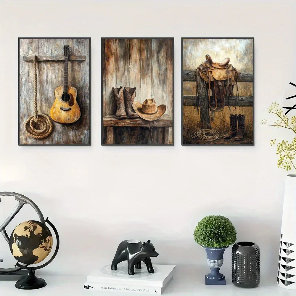 Frameless 3pcs Canvas Painting (No frame)2D Flat, 2D Flat, Set of 3 Unframed Posters Featuring Saddle Scenes, Rustic Barn Artwor