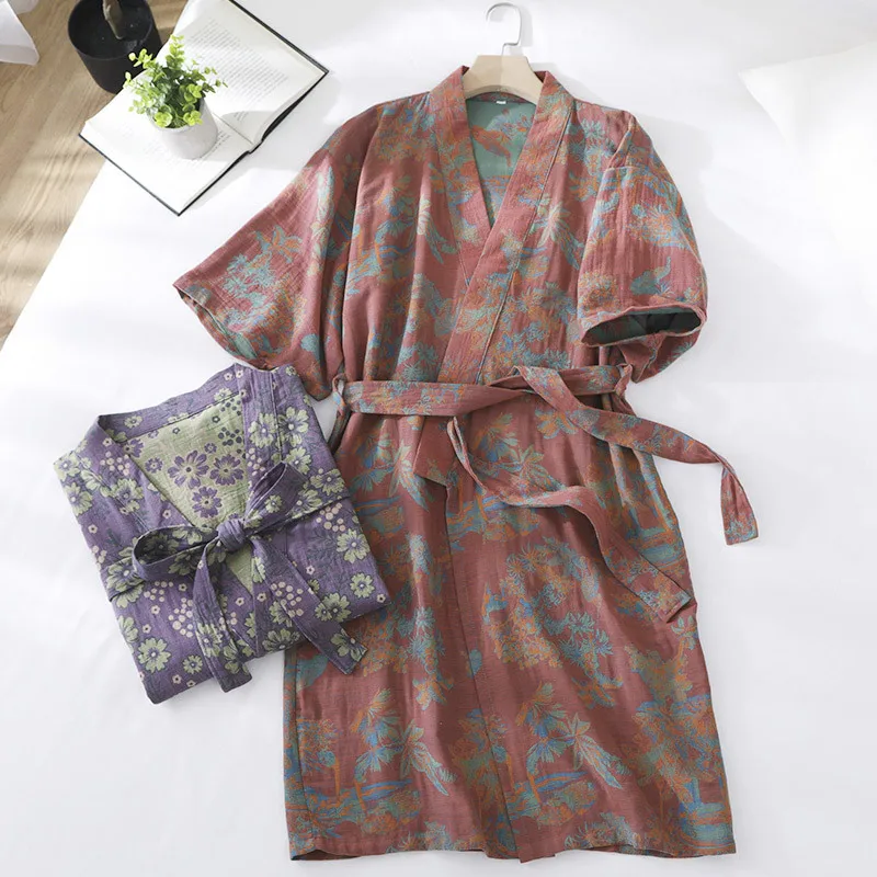 

100% Cotton Female Double Layer Gauze Kimono Robe Men And Women Bathrobe Sleepwear Couple Home Clothes Basic Hotel SPA Robes