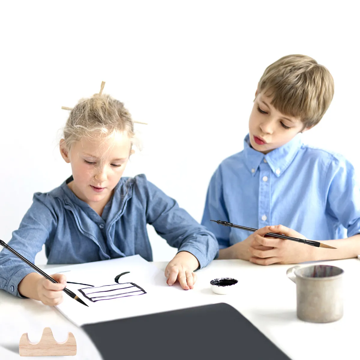 Handcrafted Wolf Hair Chinese Calligraphy Brush Set Wood Handle 28Cm 27.2cm 26.8cm Black Brown Drawing Writing Painting